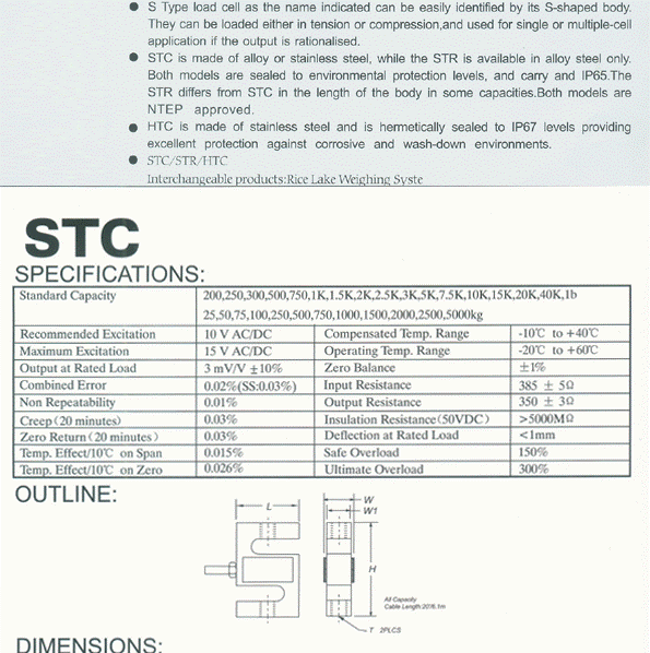 美國世銓CELTRON STC-5KG 稱重傳感器技術參數圖